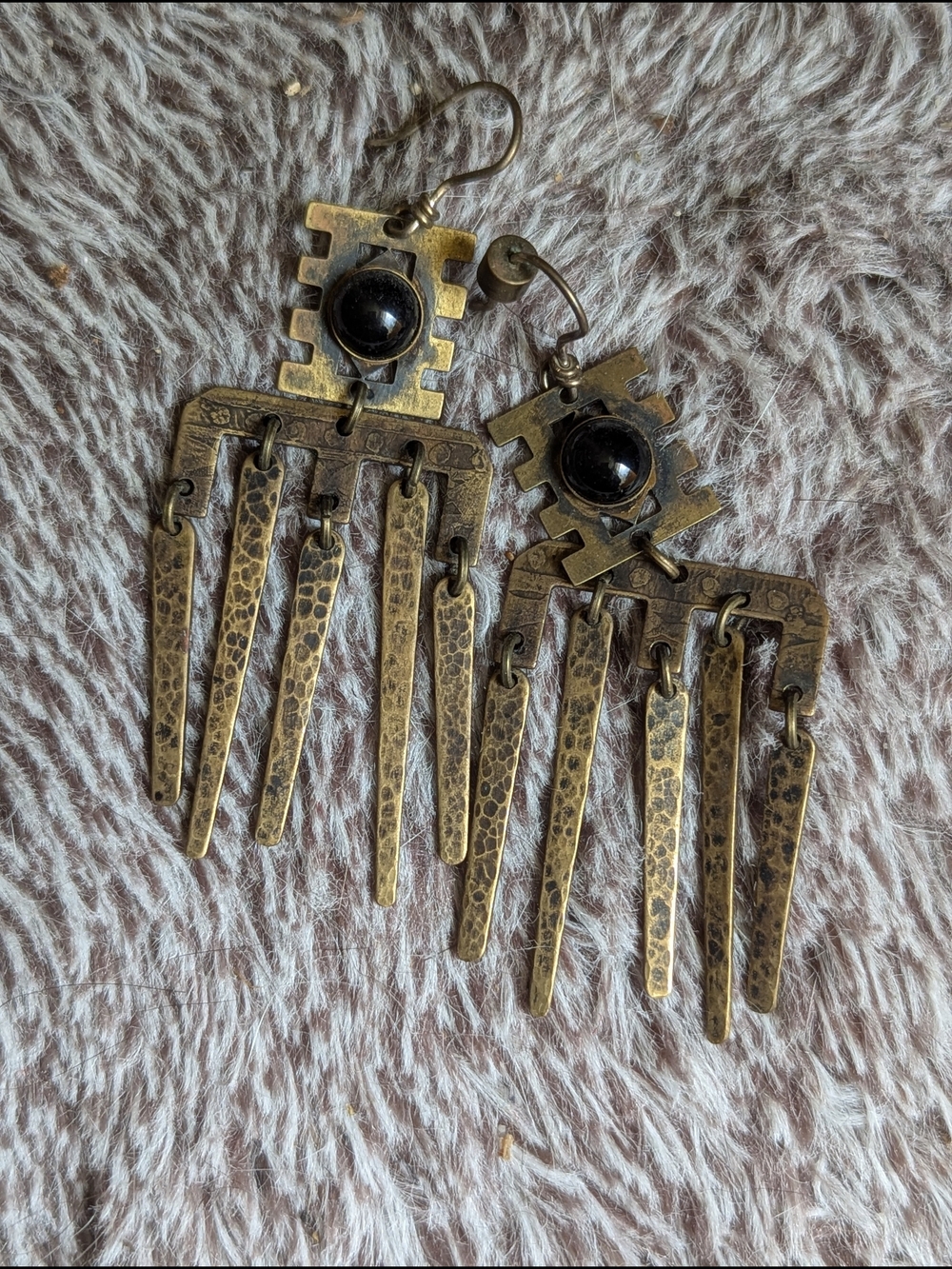 Brass Tone Black Stone Tribal Fringe Earrings - Unbranded